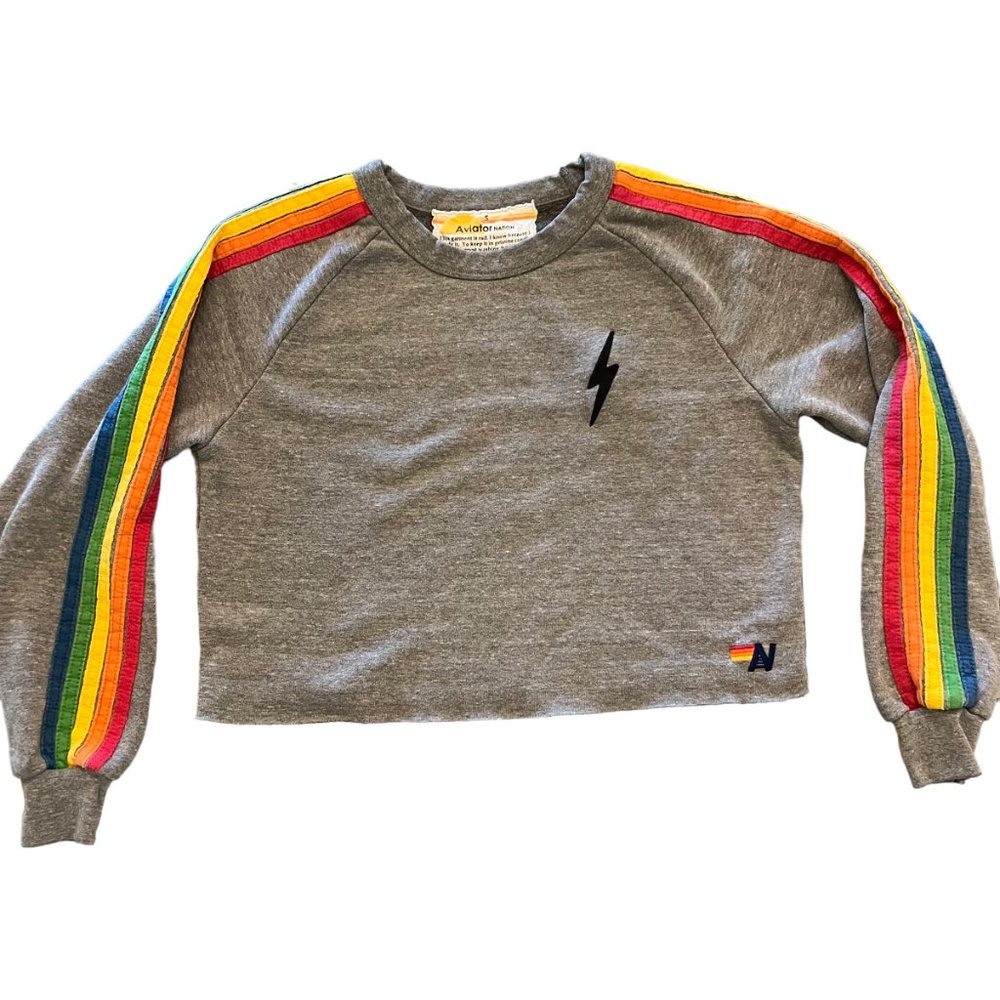 Aviator Nation Gray Cropped Crewneck with Rainbow Sleeve Stripes - Picture 5 of 8